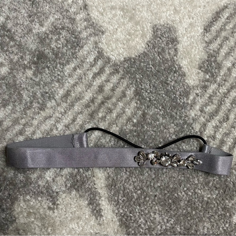Crystal Embellished Grey Satin Band Elastic Headband